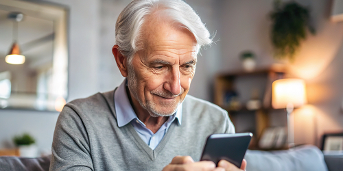 Ein älterer Mann schaut konzentriert auf sein Smartphone