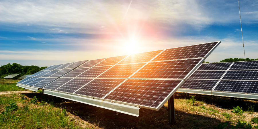 Sonnenstrahlen fallen auf Solarpanels in einem Feld, das die Nutzung erneuerbarer Energien verdeutlicht