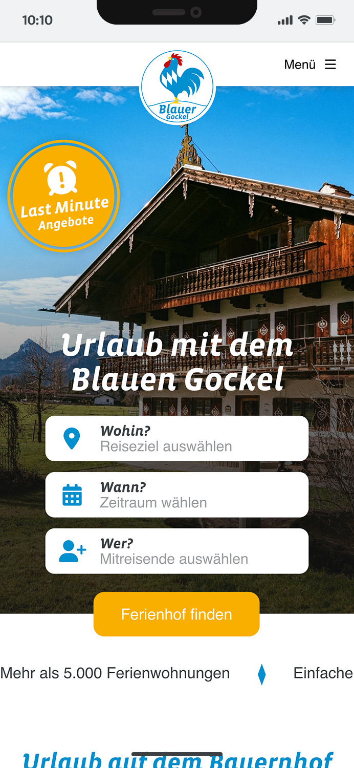 Mobile-Darstellung der Website des Blauen Gockels, hier: Startscreen mit Buchungsmaske