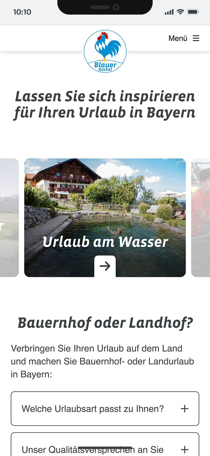 Mobile-Darstellung der Website des Blauen Gockels, hier: Inspiration für Urlaub in Bayern