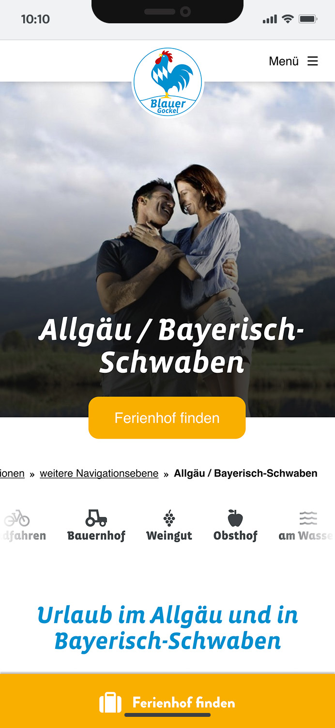 Mobile-Darstellung der Website des Blauen Gockels, hier: Urlaub im Allgäu und Bayerisch-Schwaben