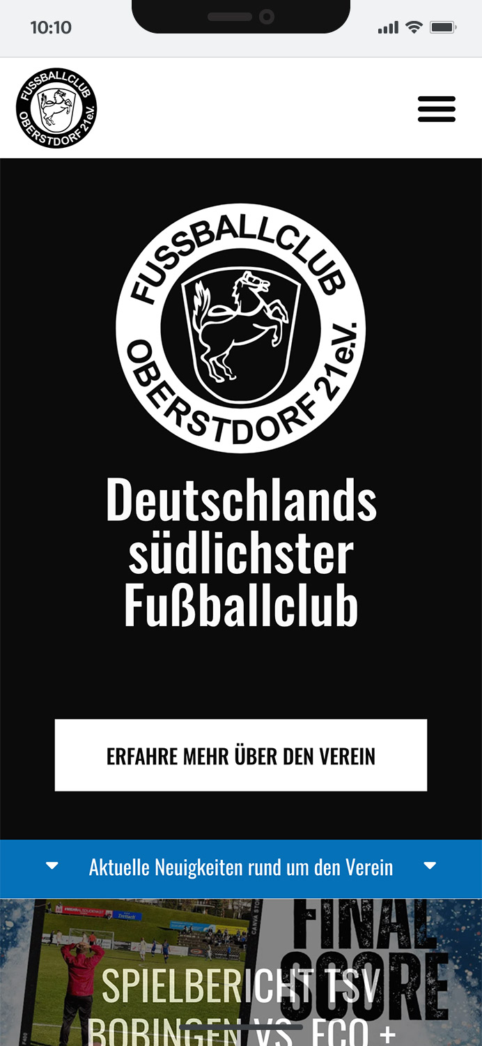 Darstellung der mobilen Website des FC Oberstdorf im Club-Portal, zeigt wichtige Informationen und Benutzerinteraktionen, hier: der Startscreen.