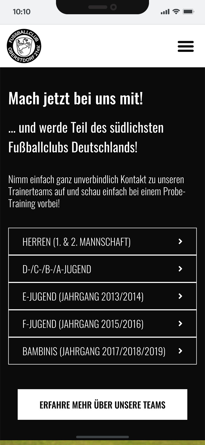 Darstellung der mobilen Website des FC Oberstdorf im Club-Portal, zeigt wichtige Informationen und Benutzerinteraktionen, hier: Akkordeon der unterschiedlichen Teams.