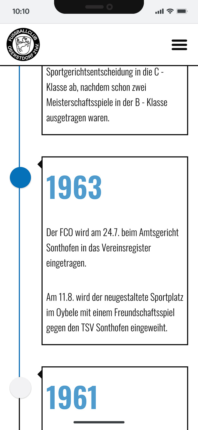 Darstellung der mobilen Website des FC Oberstdorf im Club-Portal, zeigt wichtige Informationen und Benutzerinteraktionen, hier: Zeitleiste der Vereinschronik.