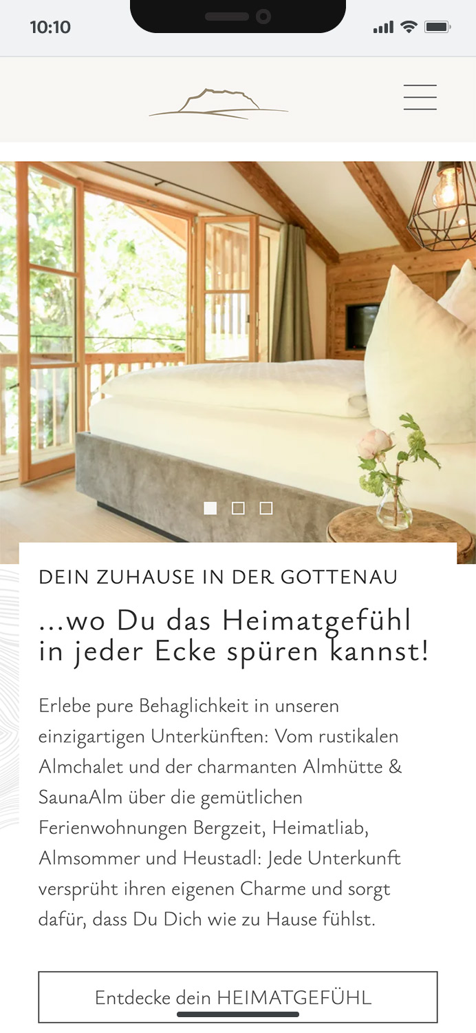 Screenshot der Mobile Website des Bio-Natur-Hof Gottenau, illustriert die Benutzeroberfläche und die verfügbaren Dienstleistungen.