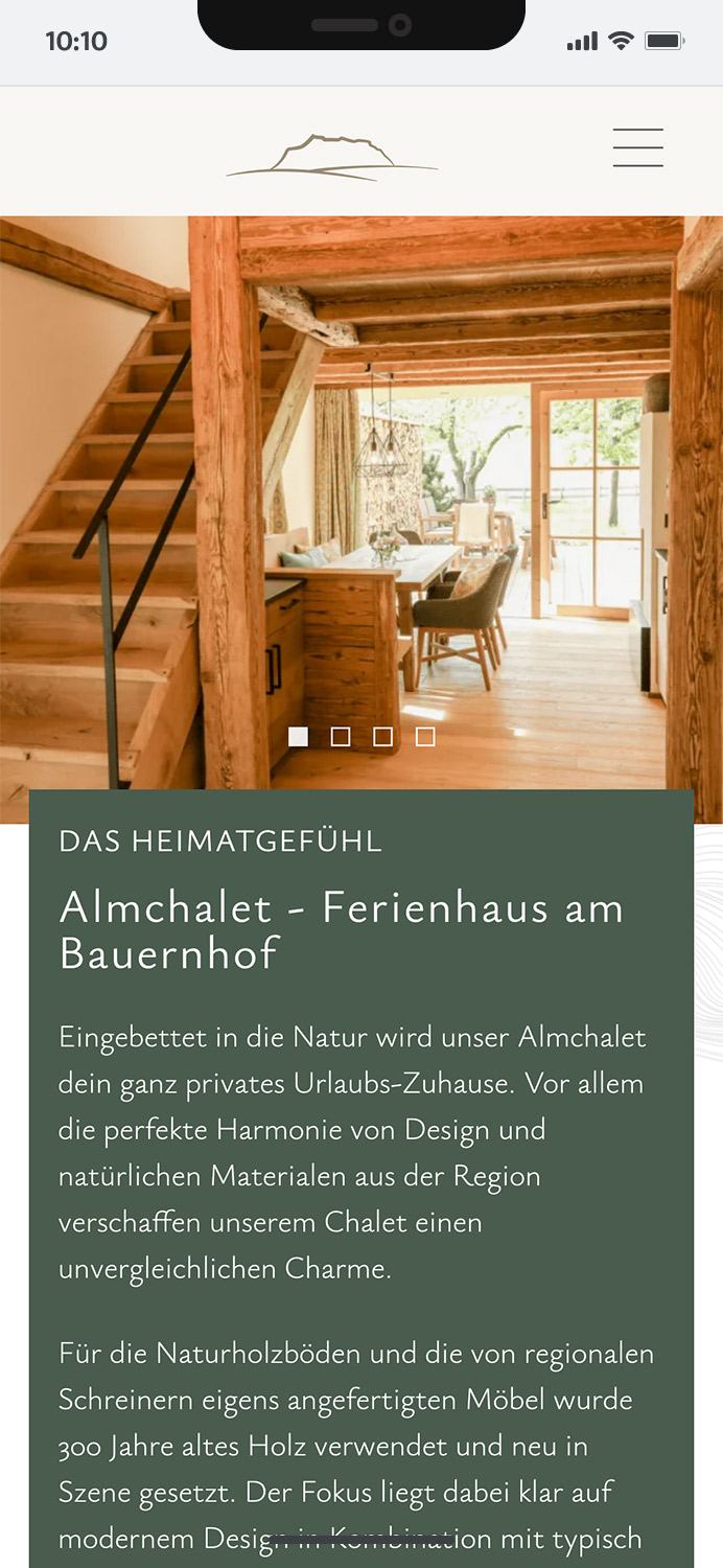 Screenshot der Mobile Website des Bio-Natur-Hof Gottenau, illustriert die Benutzeroberfläche und die verfügbaren Dienstleistungen, hier: Content-Header einer Unterkunftsseite