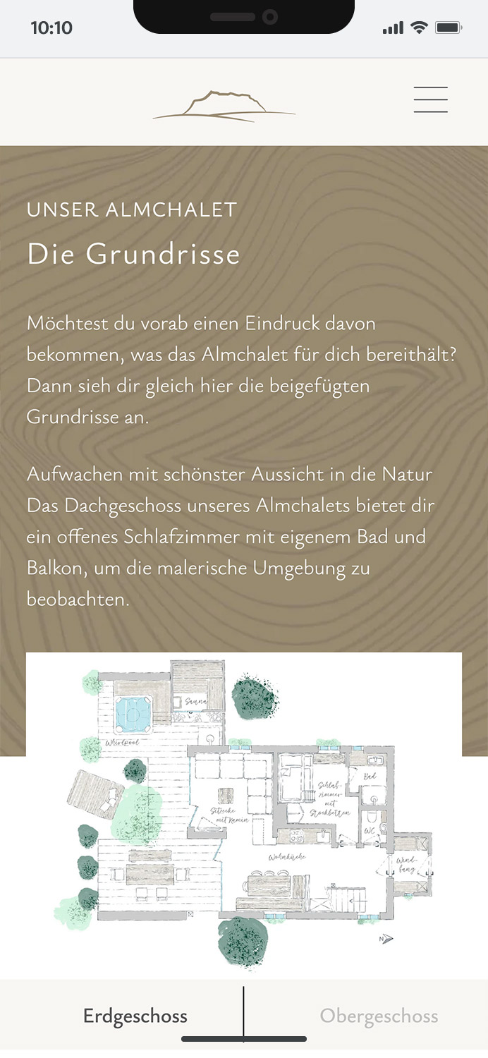 Screenshot der Mobile Website des Bio-Natur-Hof Gottenau, illustriert die Benutzeroberfläche und die verfügbaren Dienstleistungen, hier: Grundrisse der Unterkünfte