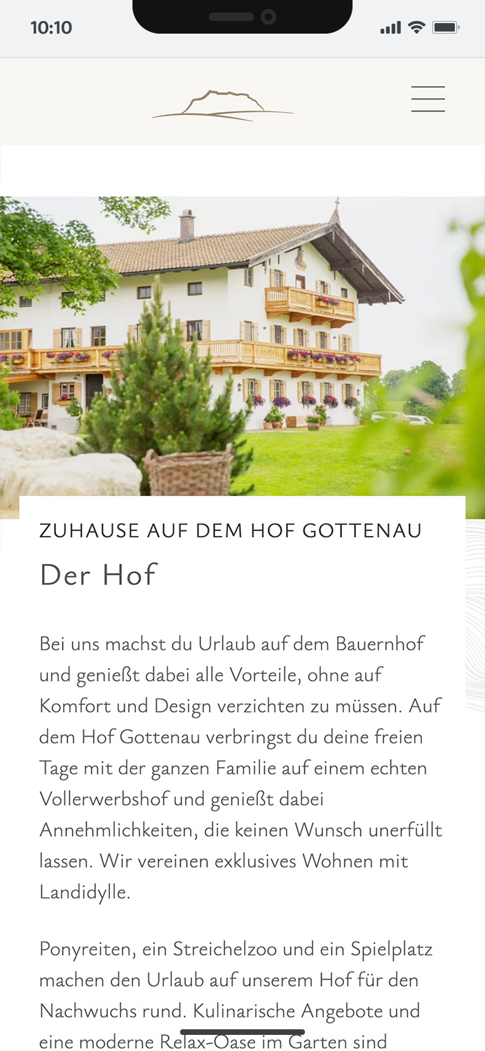 Screenshot der Mobile Website des Bio-Natur-Hof Gottenau, illustriert die Benutzeroberfläche und die verfügbaren Dienstleistungen.