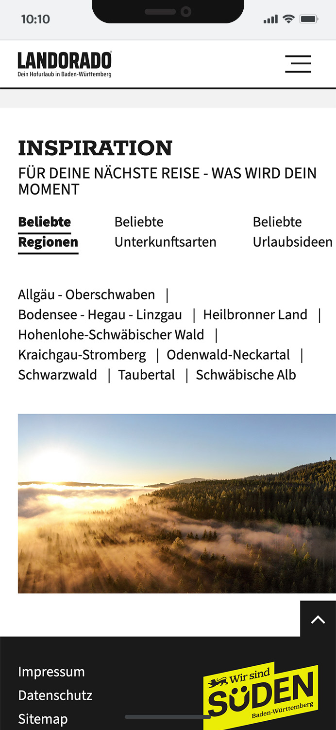 Darstellung der mobilen Website von Landsichten.de, zeigt wichtige Informationen und Benutzerinteraktionen, hier: Inspiration-Tab-Element mit emotionalen Bildern