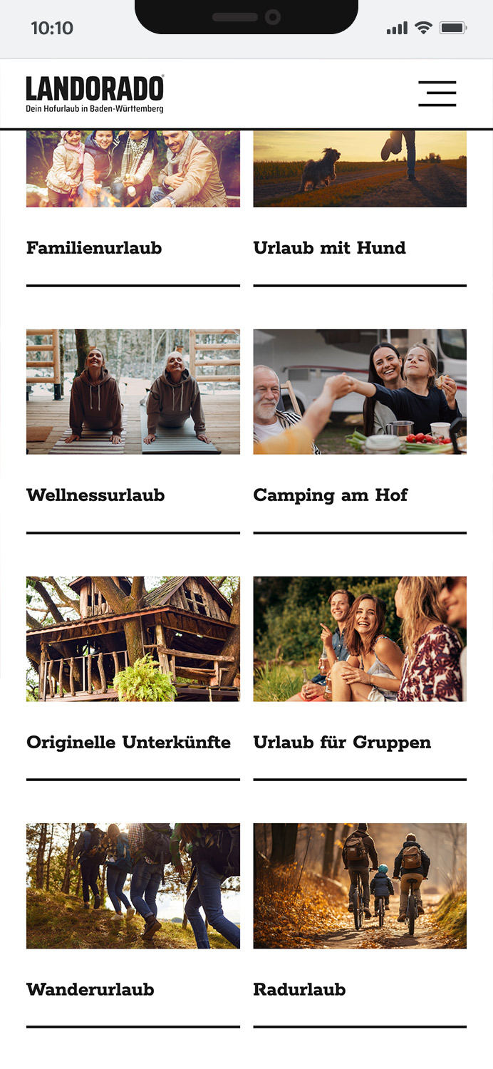 Darstellung der mobilen Website von Landsichten.de, zeigt wichtige Informationen und Benutzerinteraktionen, hier: verschiedene Teaser-Boxes mit emotionalen Bildern