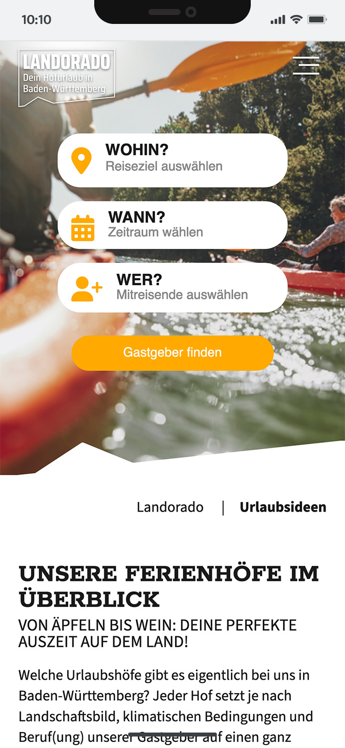 Darstellung der mobilen Website von Landsichten.de, zeigt wichtige Informationen und Benutzerinteraktionen, hier: Inhaltsheader mit Suchmaske