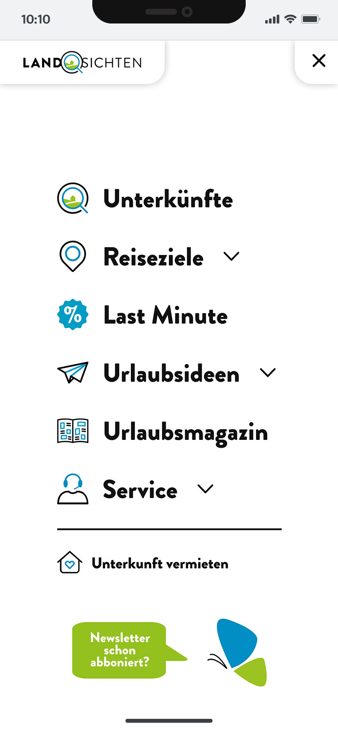 Darstellung der mobilen Website von Landsichten.de, zeigt wichtige Informationen und Benutzerinteraktionen, hier: geöffnetes Menü