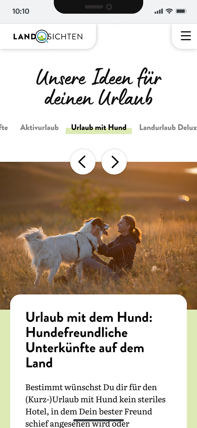 Darstellung der mobilen Website von Landsichten.de, zeigt wichtige Informationen und Benutzerinteraktionen, hier: emotionaler Slider für Urlaubsideen