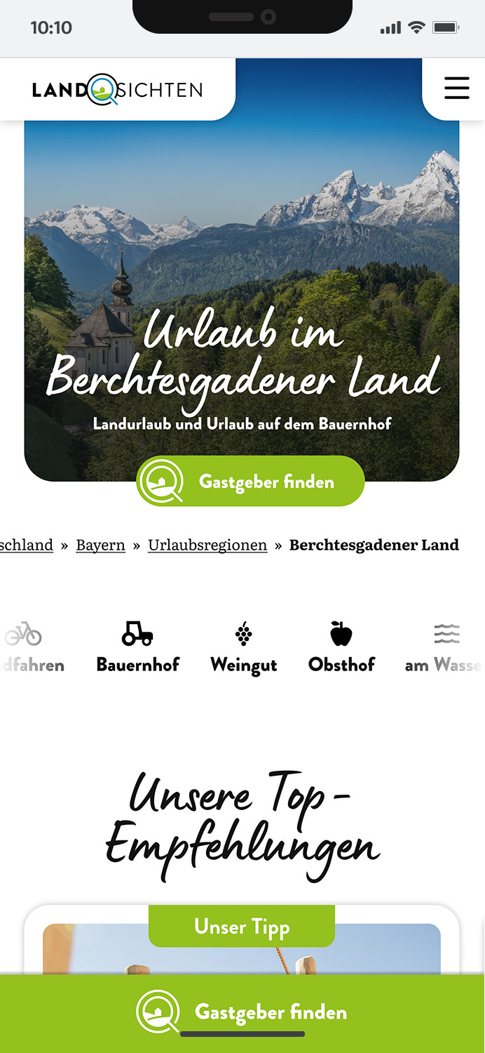 Darstellung der mobilen Website von Landsichten.de, zeigt wichtige Informationen und Benutzerinteraktionen, hier: Inhaktsheader mit Highlights-Slider