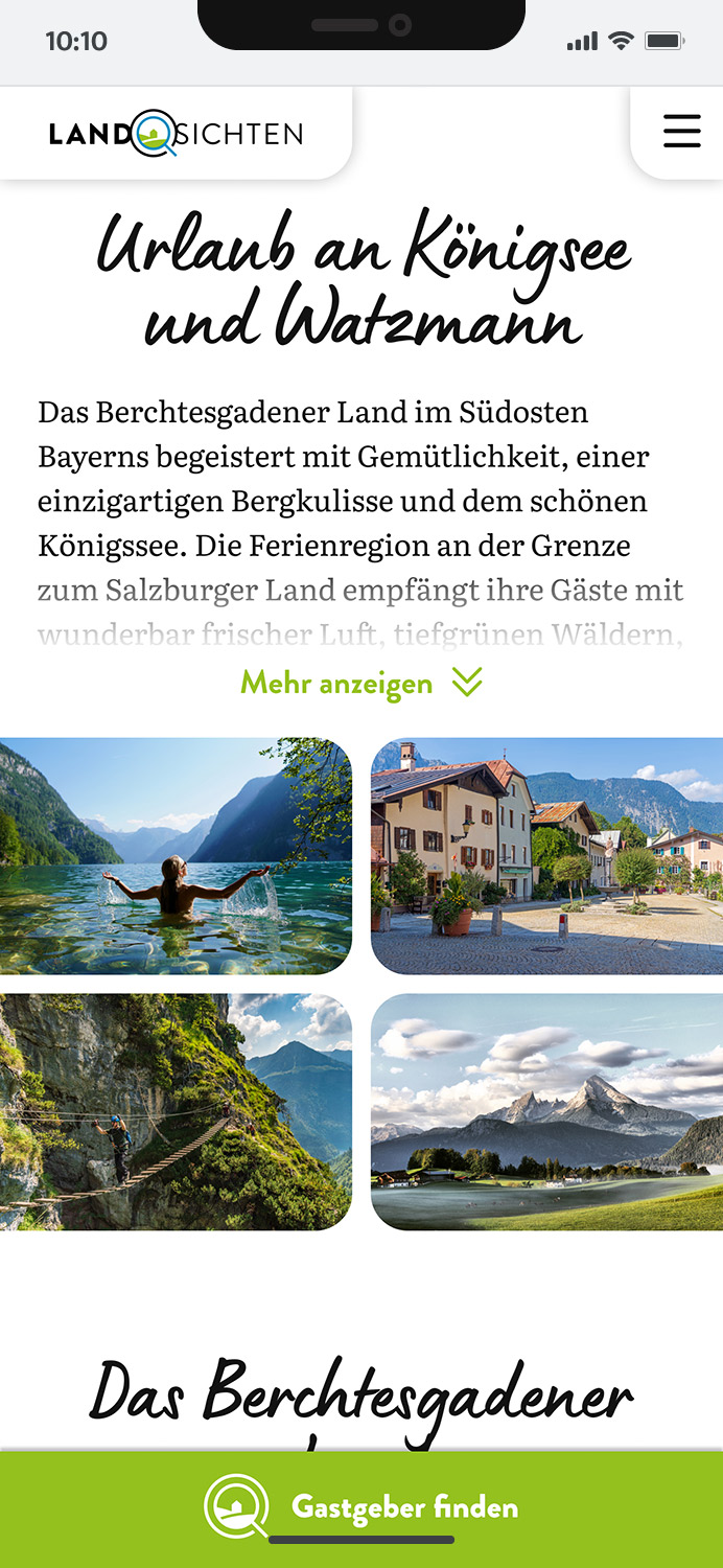 Darstellung der mobilen Website von Landsichten.de, zeigt wichtige Informationen und Benutzerinteraktionen, hier: ausklappbarer Text-Content und Impressionen-Gallerie