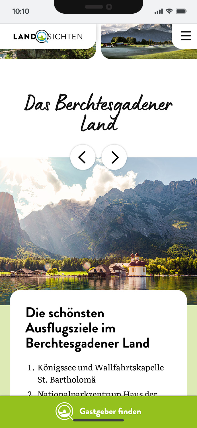 Darstellung der mobilen Website von Landsichten.de, zeigt wichtige Informationen und Benutzerinteraktionen, hier: Tipps für Freizeit und Aktivitäten auf Detailseite