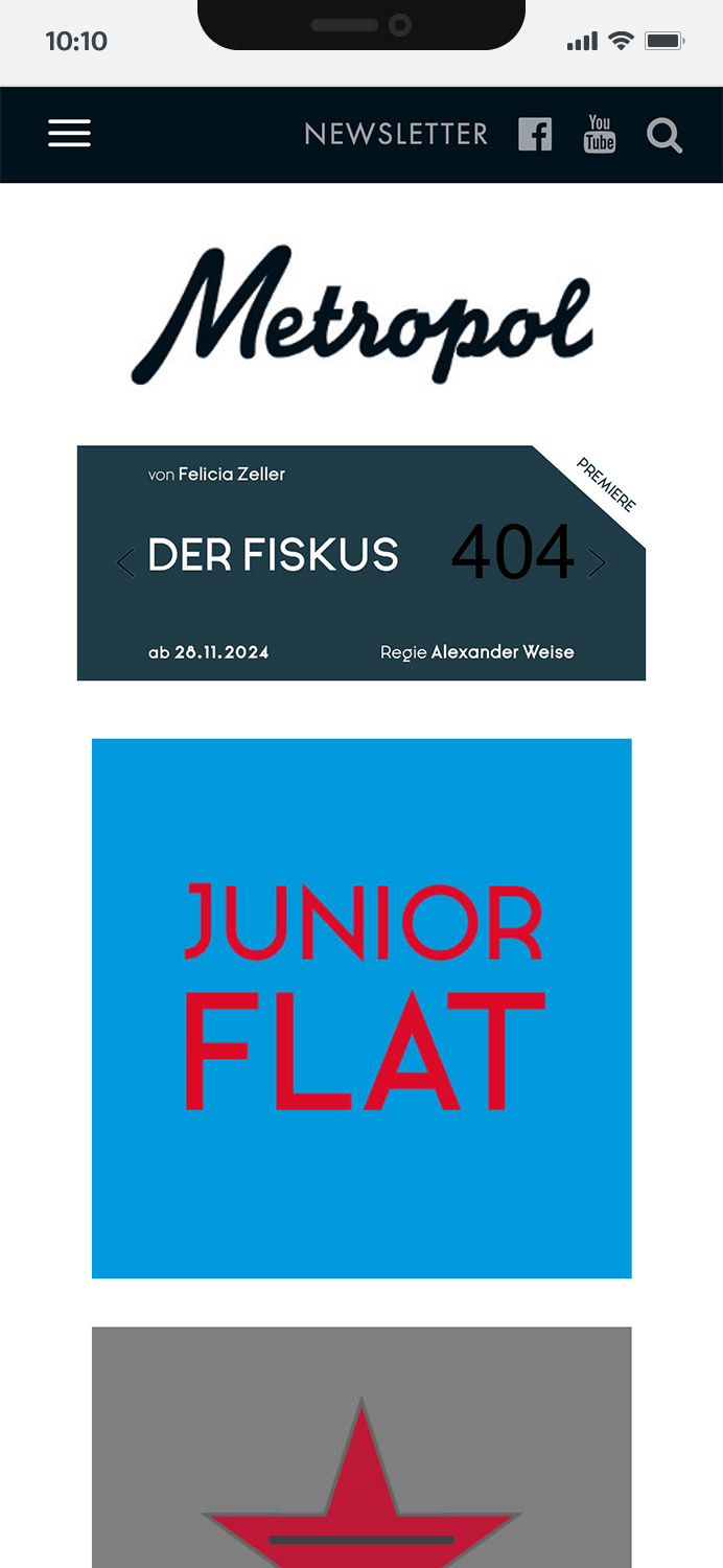 Screenshot der mobilen Website des Metropol-Theaters München mit den aktuell gespielten Stücken (Startseite ganz oben)
