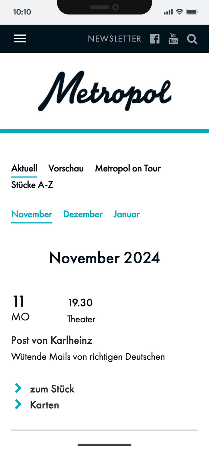 Screenshot der mobilen Website des Metropol-Theaters München mit den aktuell gespielten Stücken