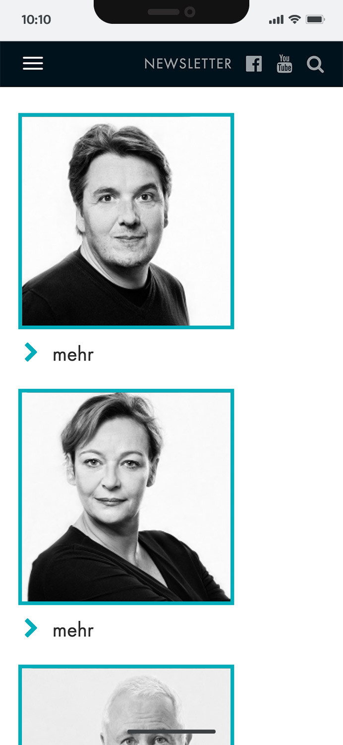 Screenshot der mobilen Website des Metropol-Theaters München mit dem aktuellen Schauspieler-Ensemble