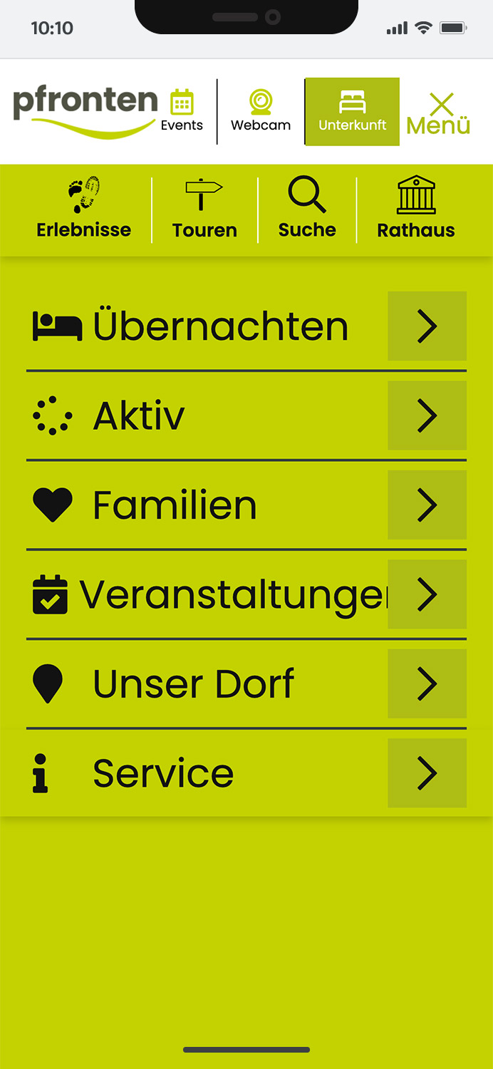 Darstellung der mobilen Website von Pfronten Tourismus, zeigt wichtige Informationen und Benutzerinteraktionen, hier: geöffnetes Menü