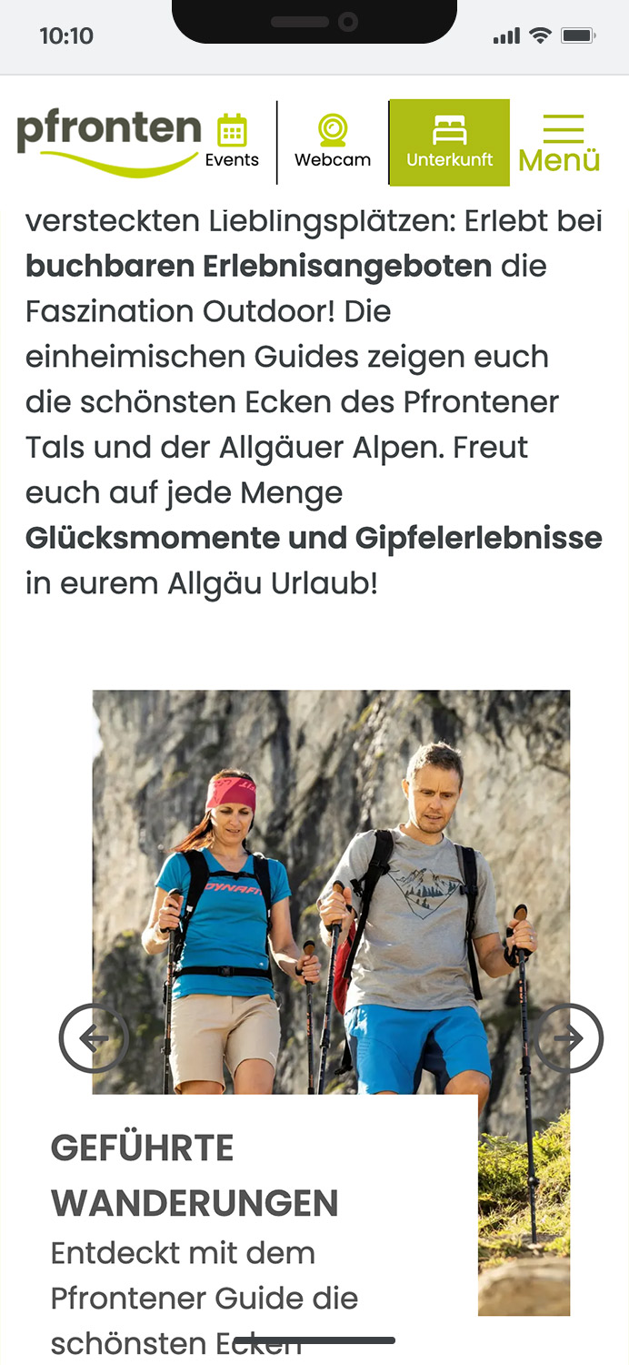 Darstellung der mobilen Website von Pfronten Tourismus, zeigt wichtige Informationen und Benutzerinteraktionen, hier: Teaser-Slider im Content-Bereich