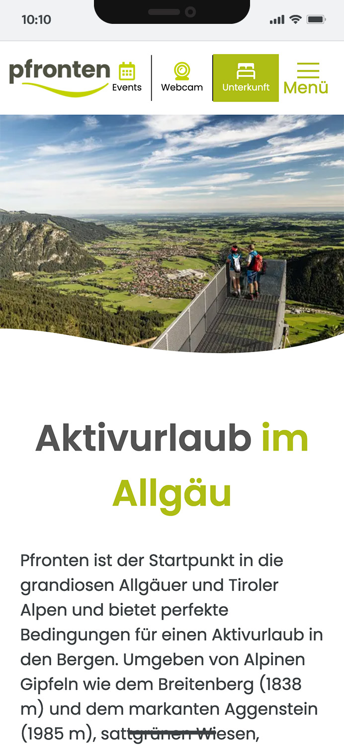 Darstellung der mobilen Website von Pfronten Tourismus, zeigt wichtige Informationen und Benutzerinteraktionen, hier: Content-Header mit Heading und Text