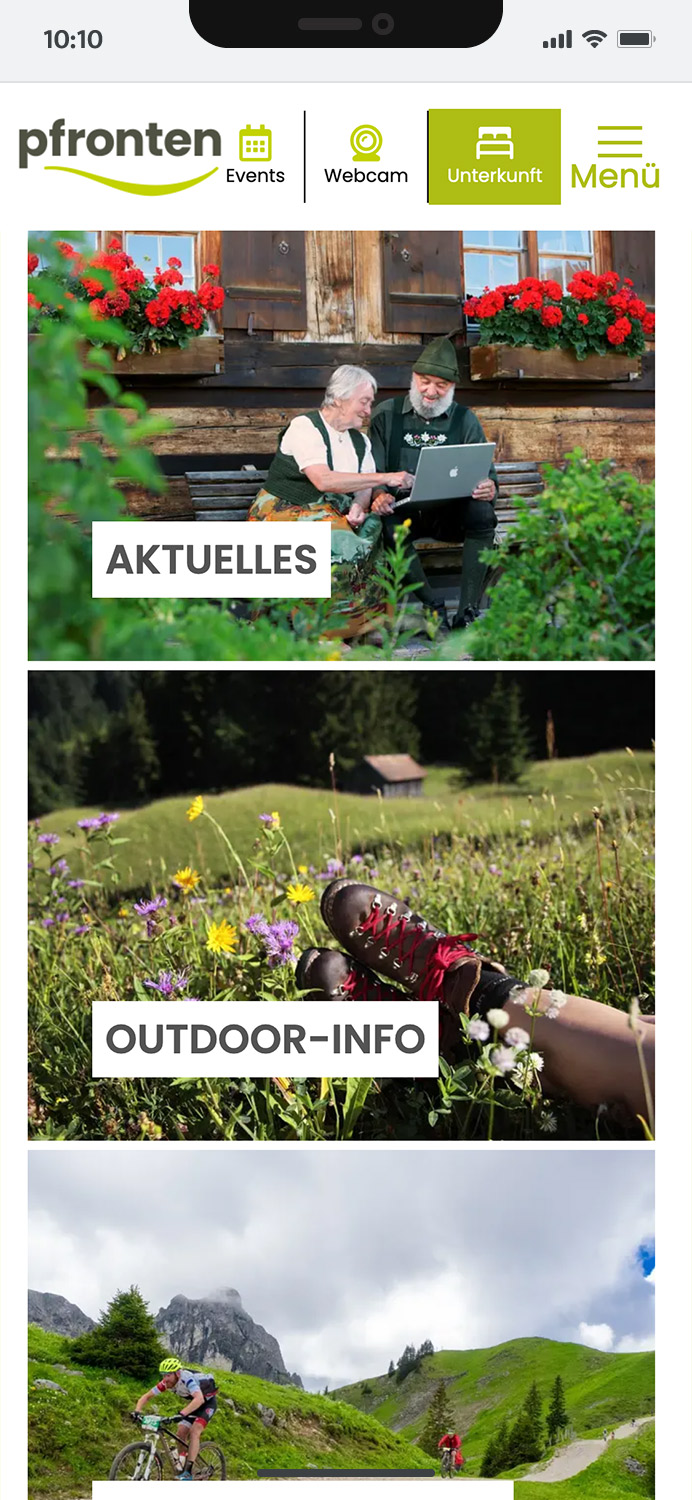 Darstellung der mobilen Website von Pfronten Tourismus, zeigt wichtige Informationen und Benutzerinteraktionen, hier: verschiedene Bild-Teaser-Boxes