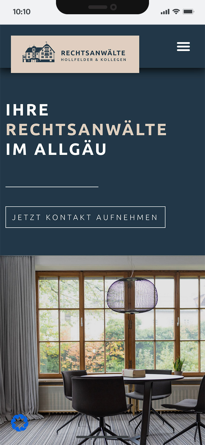 Mobiles Webdesign für die Rechtsanwaltskanzlei Hollfelder & Kollegen im Allgäu, modern und benutzerfreundlich gestaltet.