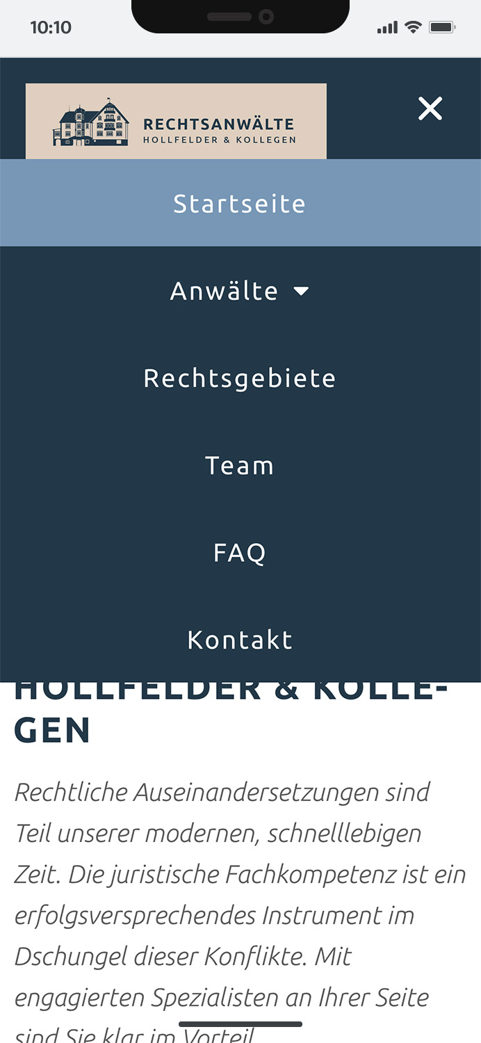 Mobiles Webdesign für die Rechtsanwaltskanzlei Hollfelder & Kollegen im Allgäu, modern und benutzerfreundlich gestaltet -hier: geöffnetes Menü