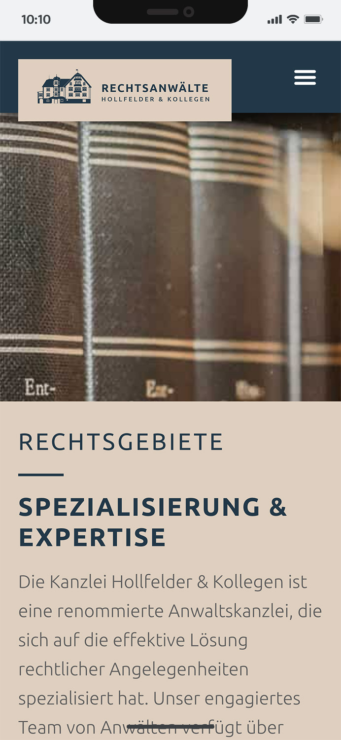 Mobiles Webdesign für die Rechtsanwaltskanzlei Hollfelder & Kollegen im Allgäu, modern und benutzerfreundlich gestaltet -hier: Inhaltsheader mit Headings und Text