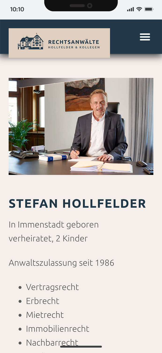 Mobiles Webdesign für die Rechtsanwaltskanzlei Hollfelder & Kollegen im Allgäu, modern und benutzerfreundlich gestaltet -hier: Darstellung der Partner und des Teams der Kanzlei