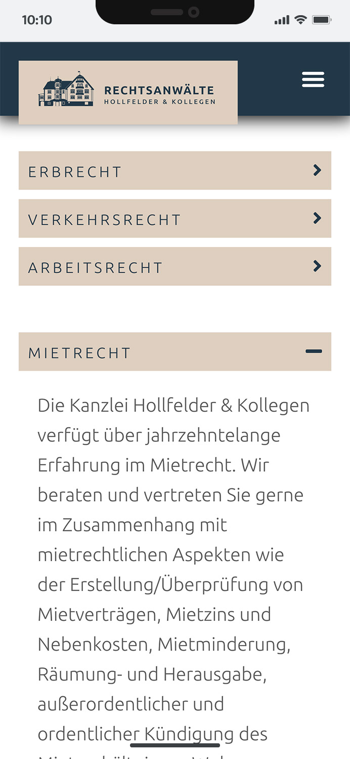 Mobiles Webdesign für die Rechtsanwaltskanzlei Hollfelder & Kollegen im Allgäu, modern und benutzerfreundlich gestaltet -hier: interaktives Akkordeon für fachspezifische Themen