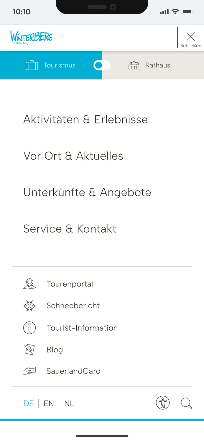 Darstellung der mobilen Website von Winterberg Tourismus, zeigt wichtige Informationen und Benutzerinteraktionen, hier: geöffnetes Menü