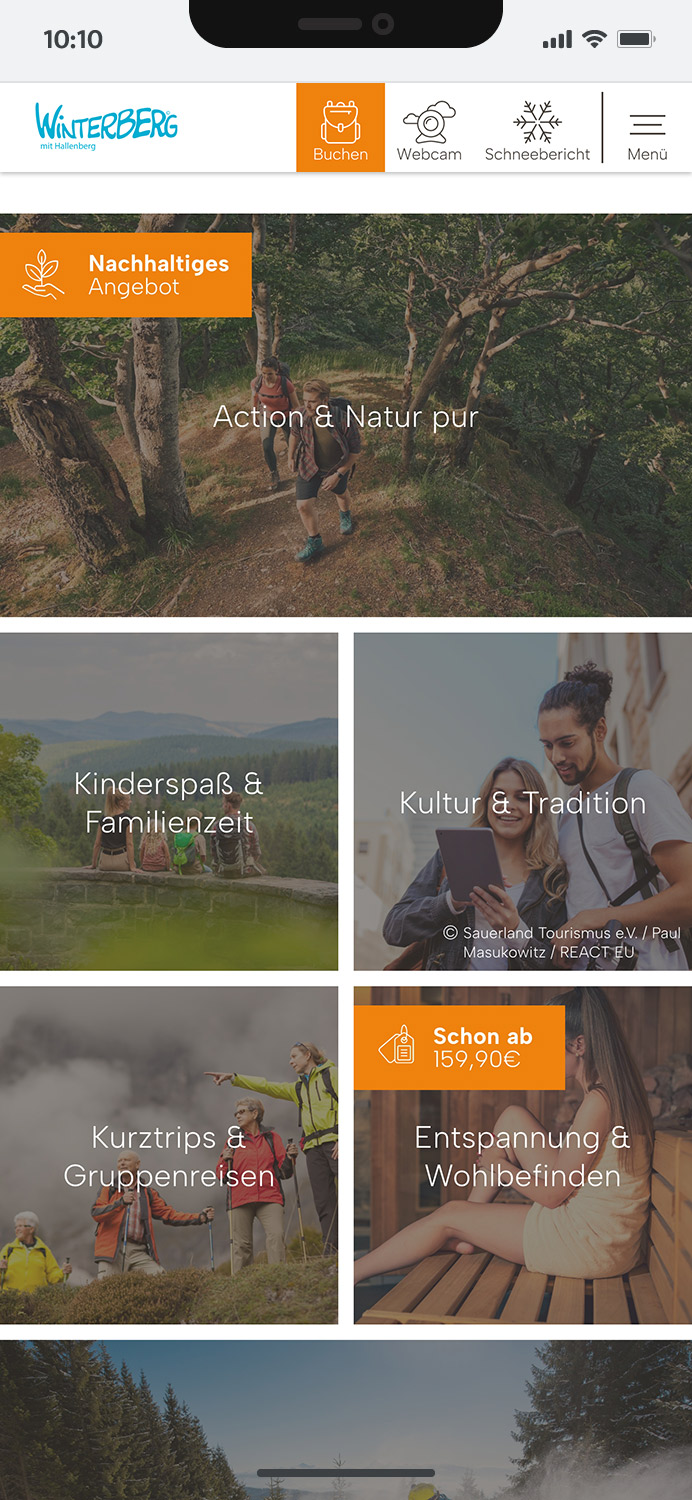 Darstellung der mobilen Website von Winterberg Tourismus, zeigt wichtige Informationen und Benutzerinteraktionen, hier: bildgewaltige Teaser-Boxes mit unterschiedlichen Labels