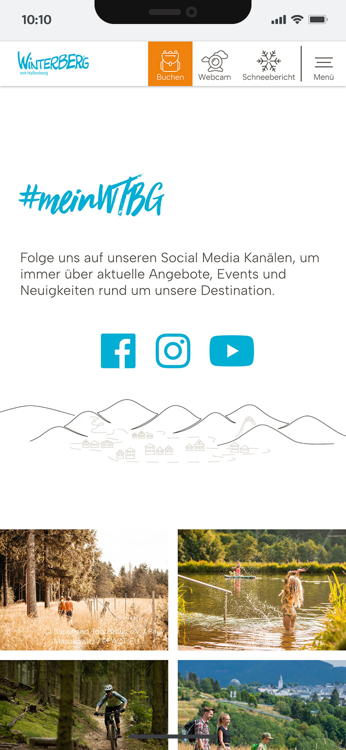 Darstellung der mobilen Website von Winterberg Tourismus, zeigt wichtige Informationen und Benutzerinteraktionen, hier: Social-Media-Teaser #meinWTB mit Infografik und Impressionen der Tourismus-Region Winterberg