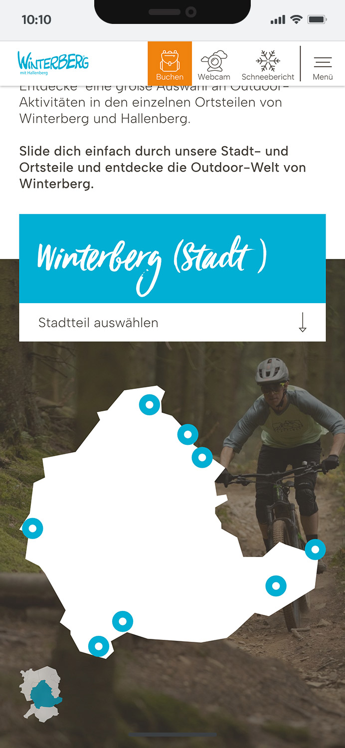 Darstellung der mobilen Website von Winterberg Tourismus, zeigt wichtige Informationen und Benutzerinteraktionen, hier: mobile Version der Abenteuerkarte