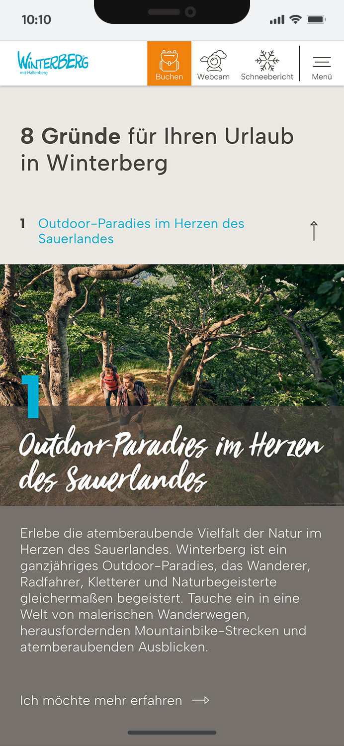 Darstellung der mobilen Website von Winterberg Tourismus, zeigt wichtige Informationen und Benutzerinteraktionen, hier: mobile Version des 8-Gründe-Elements