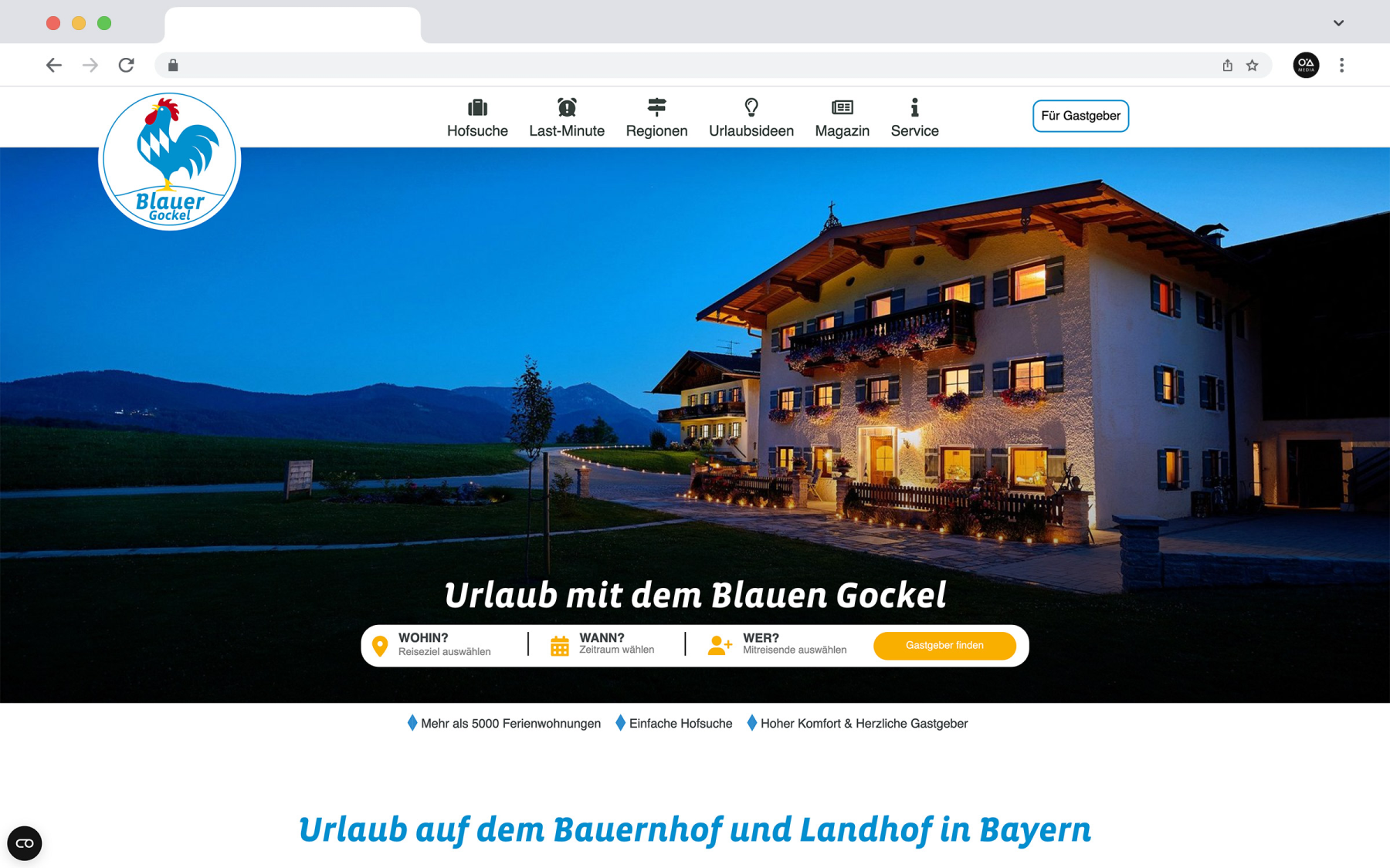 Desktop-Darstellung der Website des Blauen Gockels, hier: Startseite mit Buchungsmaske