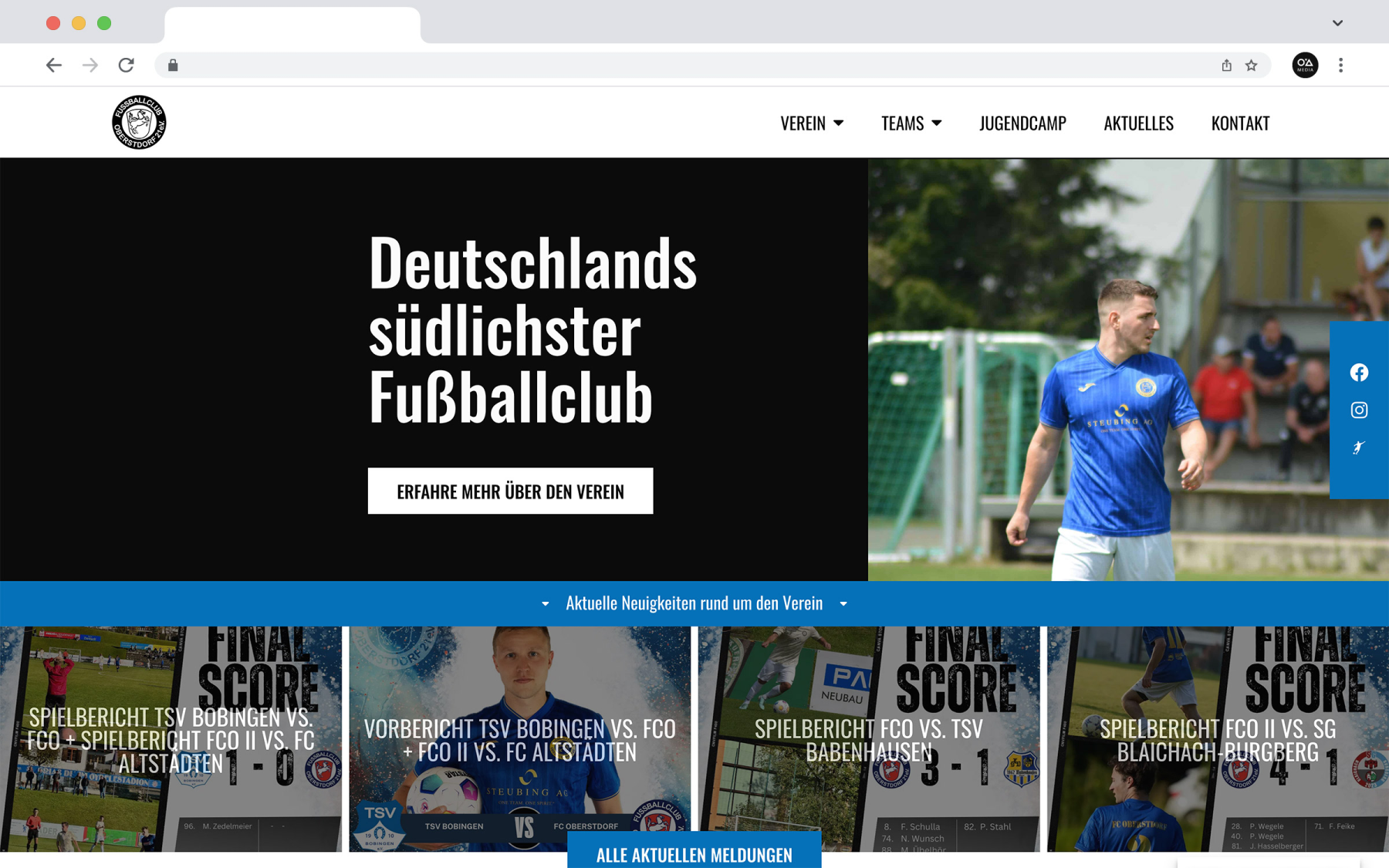 Desktop-Darstellung der Website des FC Oberstdorf auf einem Screen, zeigt wichtige Informationen und Benutzerinteraktionen, hier: interaktiver Startscreen.