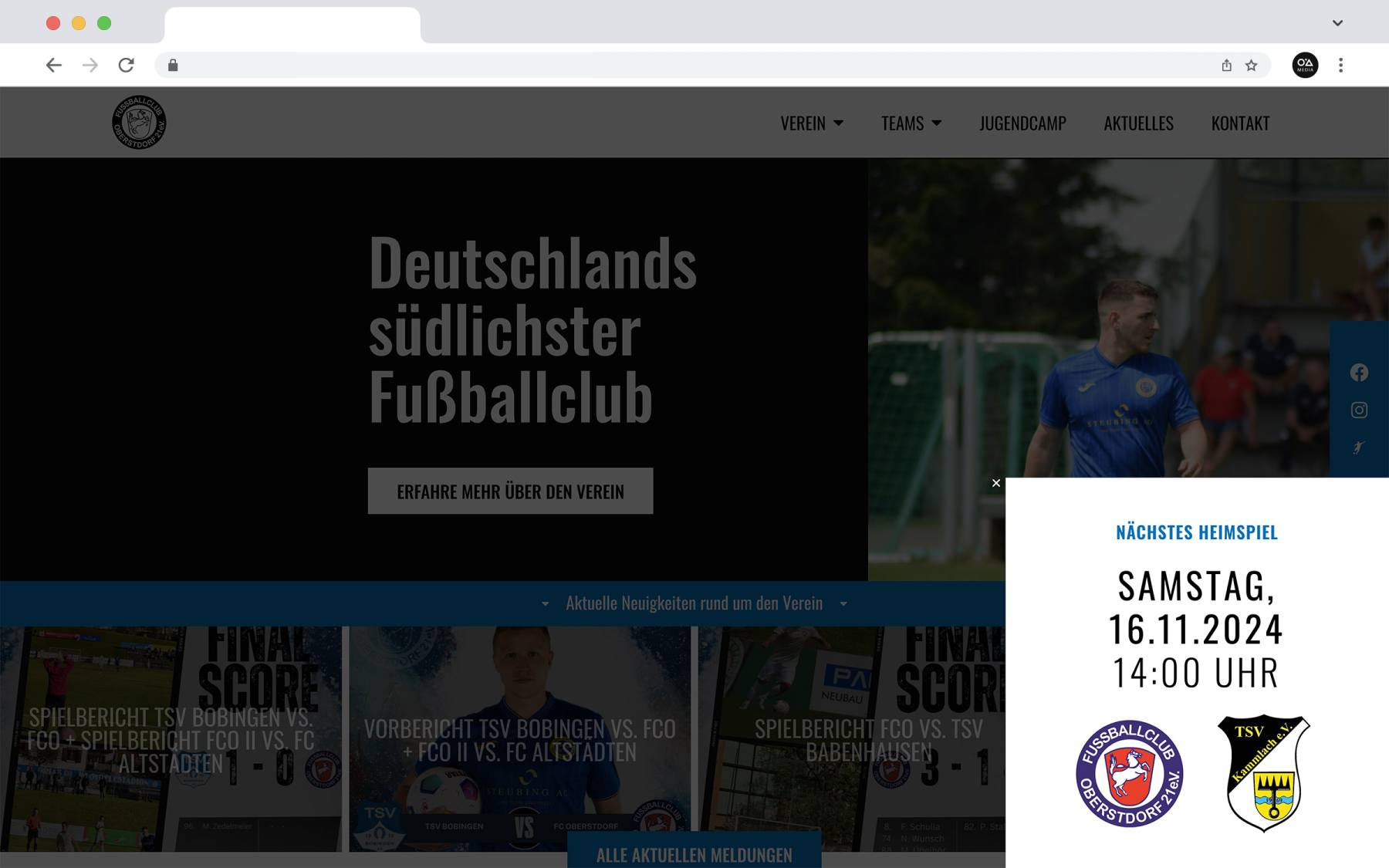 Desktop-Darstellung der Website des FC Oberstdorf auf einem Screen, zeigt wichtige Informationen und Benutzerinteraktionen, hier: Startscreen mit Pop-Up 