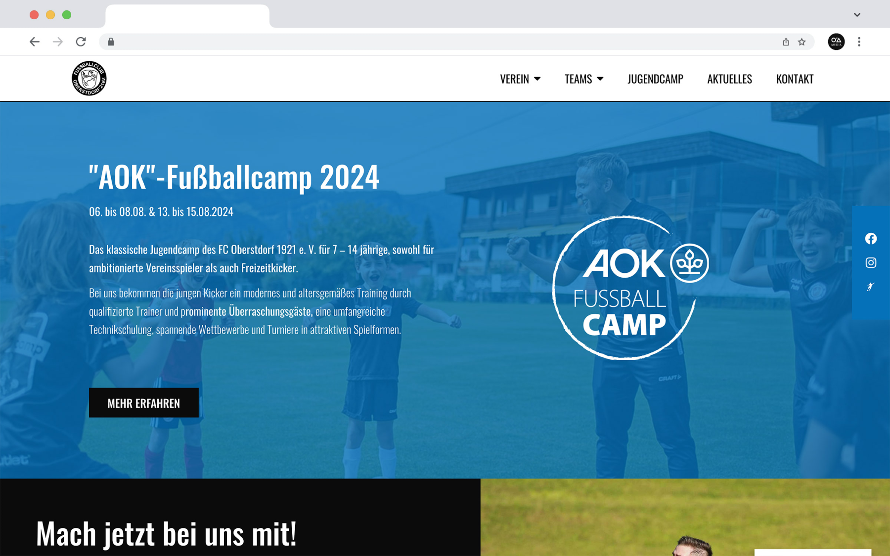 Desktop-Darstellung der Website des FC Oberstdorf auf einem Screen, zeigt wichtige Informationen und Benutzerinteraktionen, hier: fixed Image und Teaser zum Fußball-Camp.