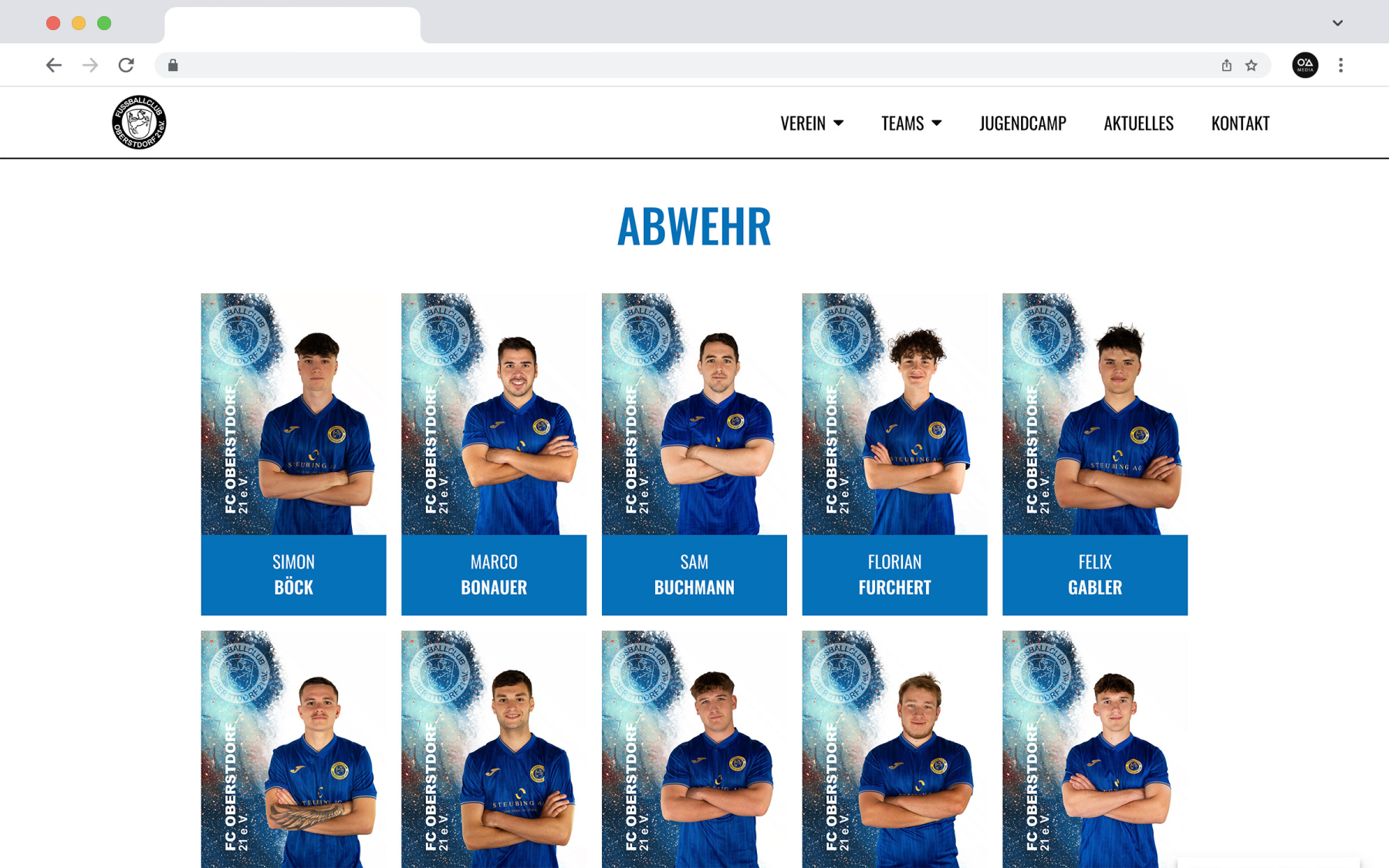 Desktop-Darstellung der Website des FC Oberstdorf auf einem Screen, zeigt wichtige Informationen und Benutzerinteraktionen, hier: Kader und Spieler-Porträts.