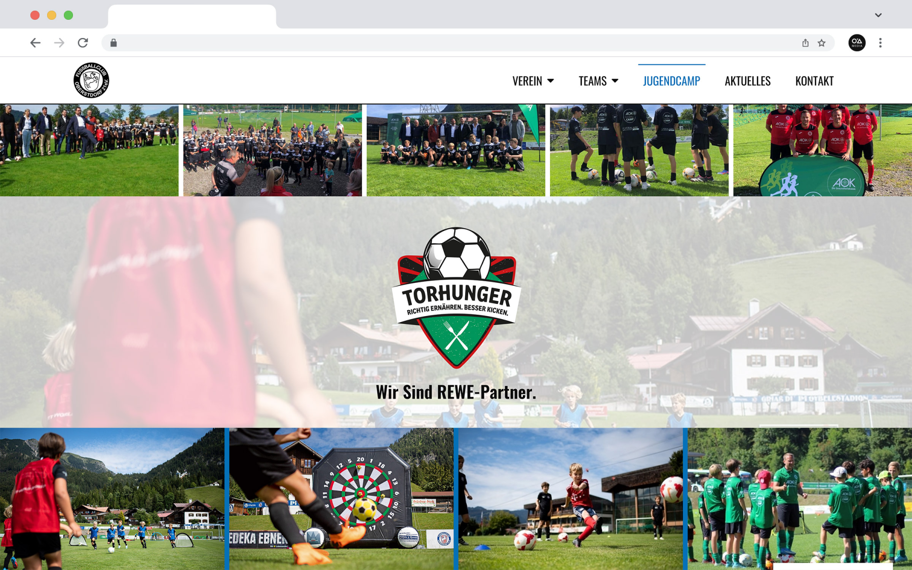 Desktop-Darstellung der Website des FC Oberstdorf auf einem Screen, zeigt wichtige Informationen und Benutzerinteraktionen, hier: Fußball-Camp Impressionsbanner.