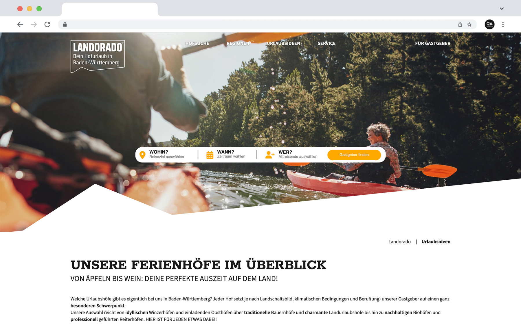 Desktop-Darstellung der Website der Winterberg Touristik GmbH auf einem Screen, zeigt wichtige Informationen und Benutzerinteraktionen, hier: Inhaltsheader mit Suchmaske