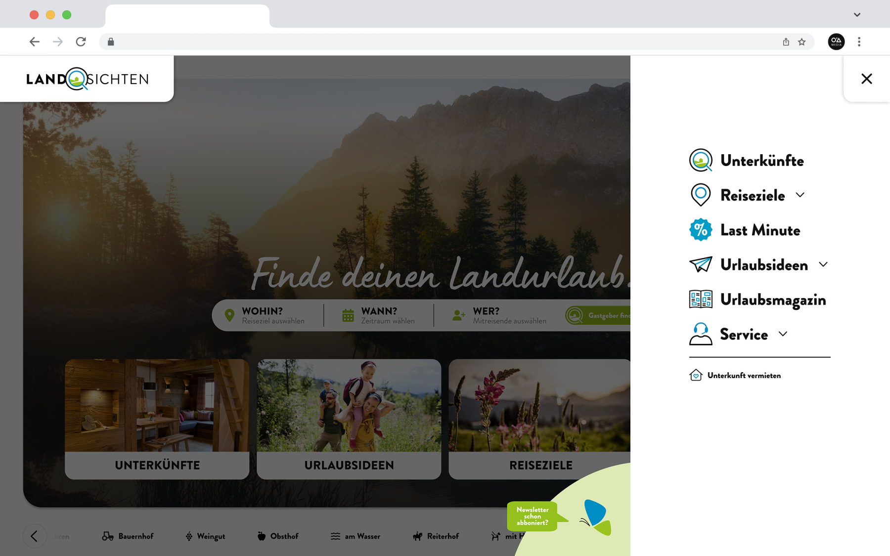 Desktop-Darstellung der Website der Winterberg Touristik GmbH auf einem Screen, zeigt wichtige Informationen und Benutzerinteraktionen, hier: geöffnetes Menü