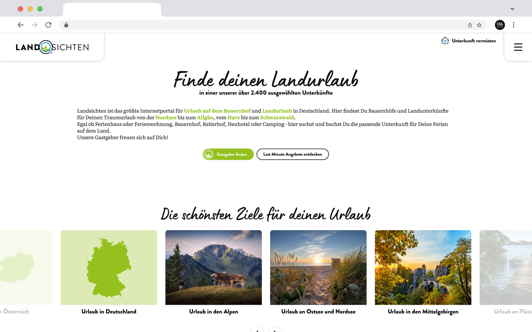 Desktop-Darstellung der Website der Winterberg Touristik GmbH auf einem Screen, zeigt wichtige Informationen und Benutzerinteraktionen, hier: Text mit Text-Links, diverse Buttons und Teaser-Slider