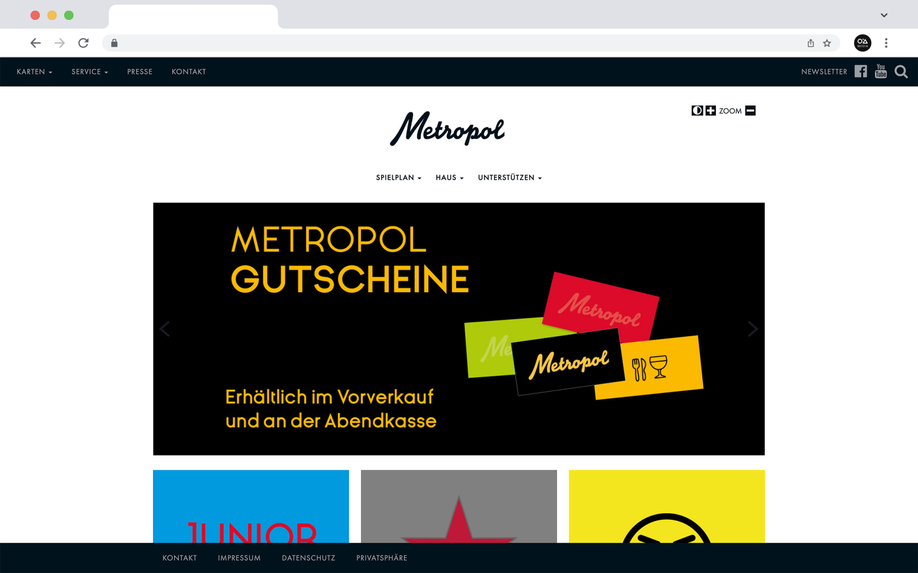 Darstellung der Website des Metropol-Theaters München im eleganten Layout, mit Fokus auf den Verkauf von Gutscheinen 