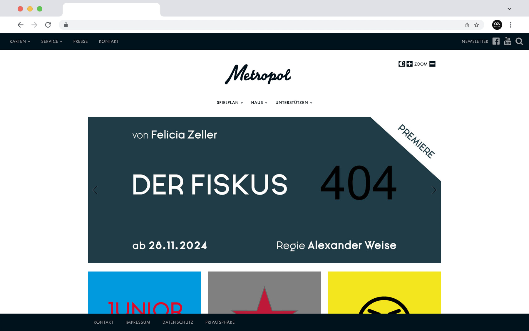 Darstellung der Website des Metropol-Theaters München im eleganten Layout, mit Fokus auf das aktuell gespielte Stück