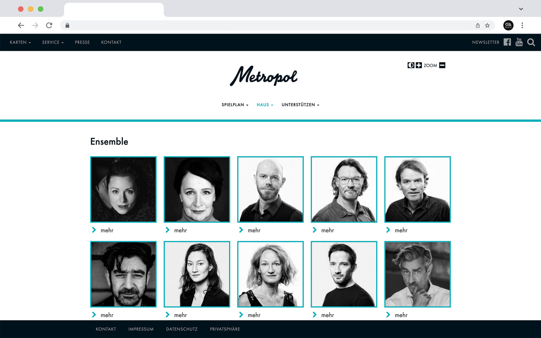 Darstellung der Website des Metropol-Theaters München im eleganten Layout, mit Fokus auf das aktuelle Schaupieler-Ensemble