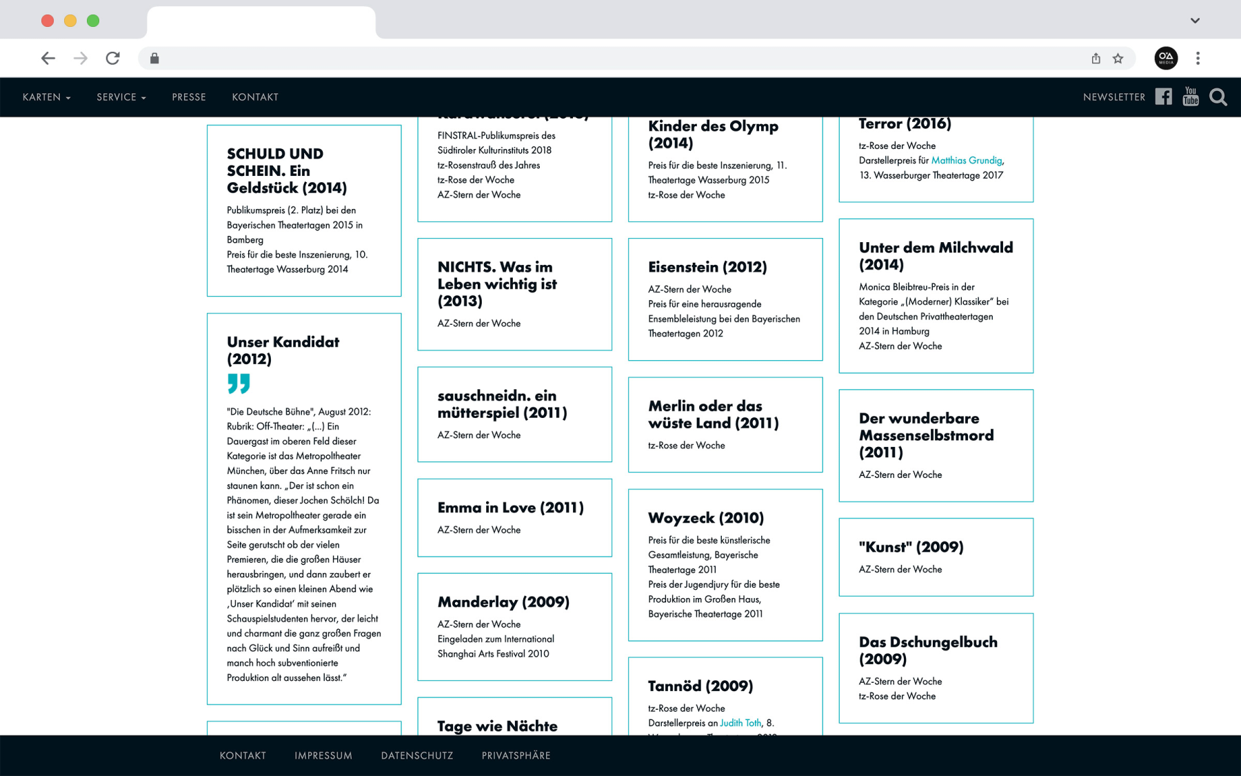 Darstellung der Website des Metropol-Theaters München im eleganten Layout, mit Fokus auf die Auszeichnungen des Hauses